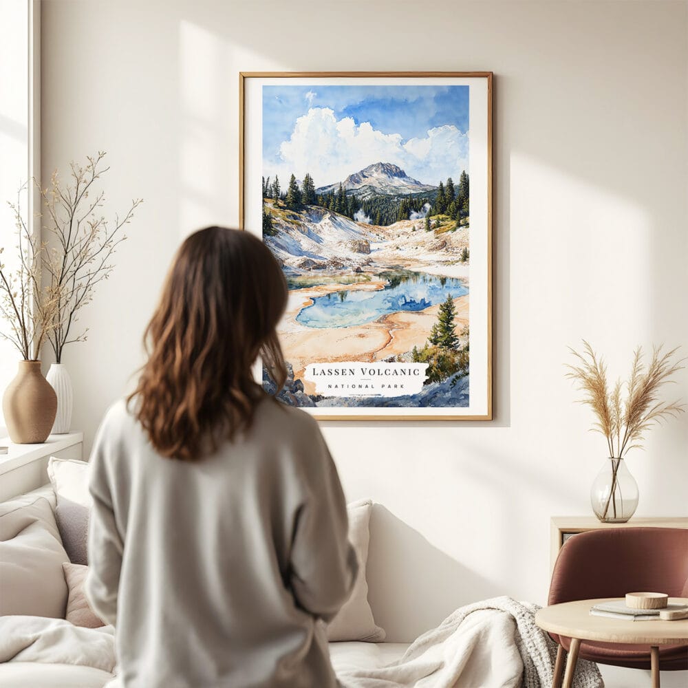 03 - Framed Lassen Volcanic National Park Watercolor Wall Art - In Living Room with Woman Looking at it - Portrait.jpg 03 - Framed Lassen Volcanic National Park Watercolor Wall Art - In Living Room with Woman Looking at it - Portrait.jpg