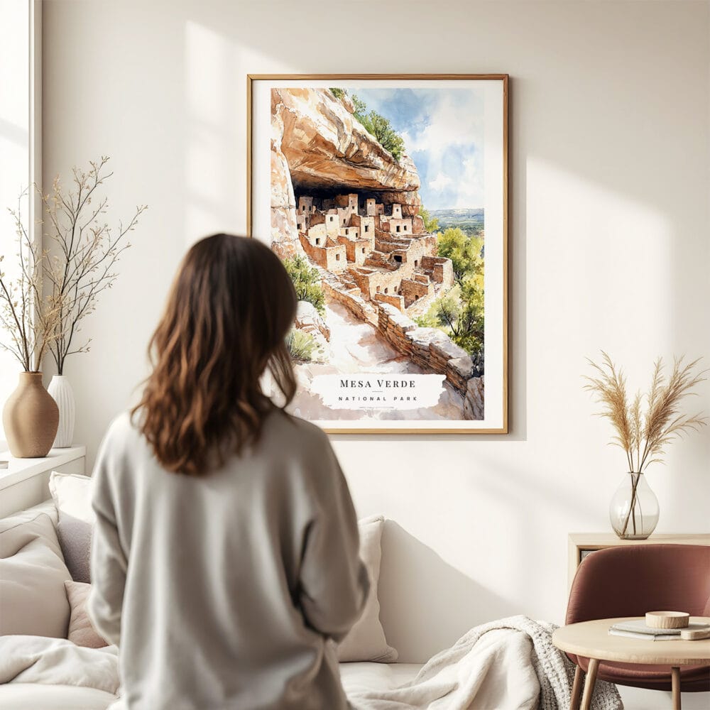 03 - Framed Mesa Verde National Park Watercolor Wall Art - In Living Room with Woman Looking at it - Portrait.jpg 03 - Framed Mesa Verde National Park Watercolor Wall Art - In Living Room with Woman Looking at it - Portrait.jpg