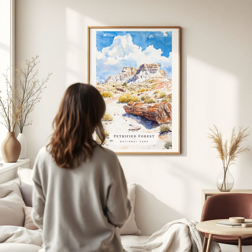 03 - Framed Petrified Forest National Park Watercolor Wall Art - In Living Room with Woman Looking at it - Portrait.jpg 03 - Framed Petrified Forest National Park Watercolor Wall Art - In Living Room with Woman Looking at it - Portrait.jpg
