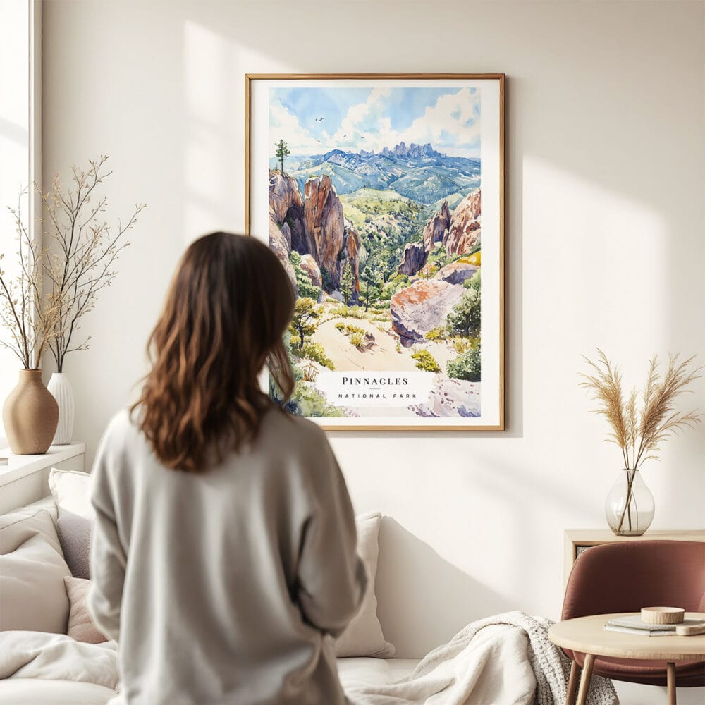 03 - Framed Pinnacles National Park Watercolor Wall Art - In Living Room with Woman Looking at it - Portrait.jpg 03 - Framed Pinnacles National Park Watercolor Wall Art - In Living Room with Woman Looking at it - Portrait.jpg