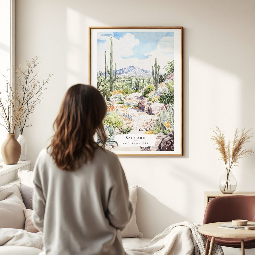 03 - Framed Saguaro National Park Watercolor Wall Art - In Living Room with Woman Looking at it - Portrait.jpg 03 - Framed Saguaro National Park Watercolor Wall Art - In Living Room with Woman Looking at it - Portrait.jpg