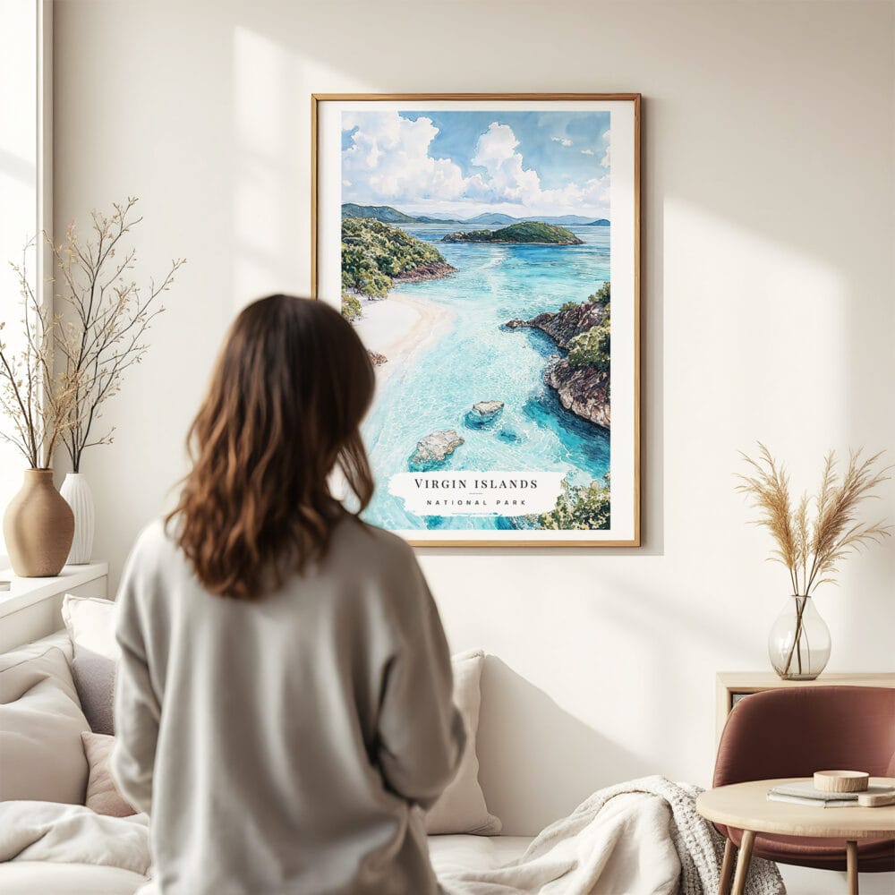 03 - Framed Virgin Islands National Park Watercolor Wall Art - In Living Room with Woman Looking at it - Portrait.jpg 03 - Framed Virgin Islands National Park Watercolor Wall Art - In Living Room with Woman Looking at it - Portrait.jpg