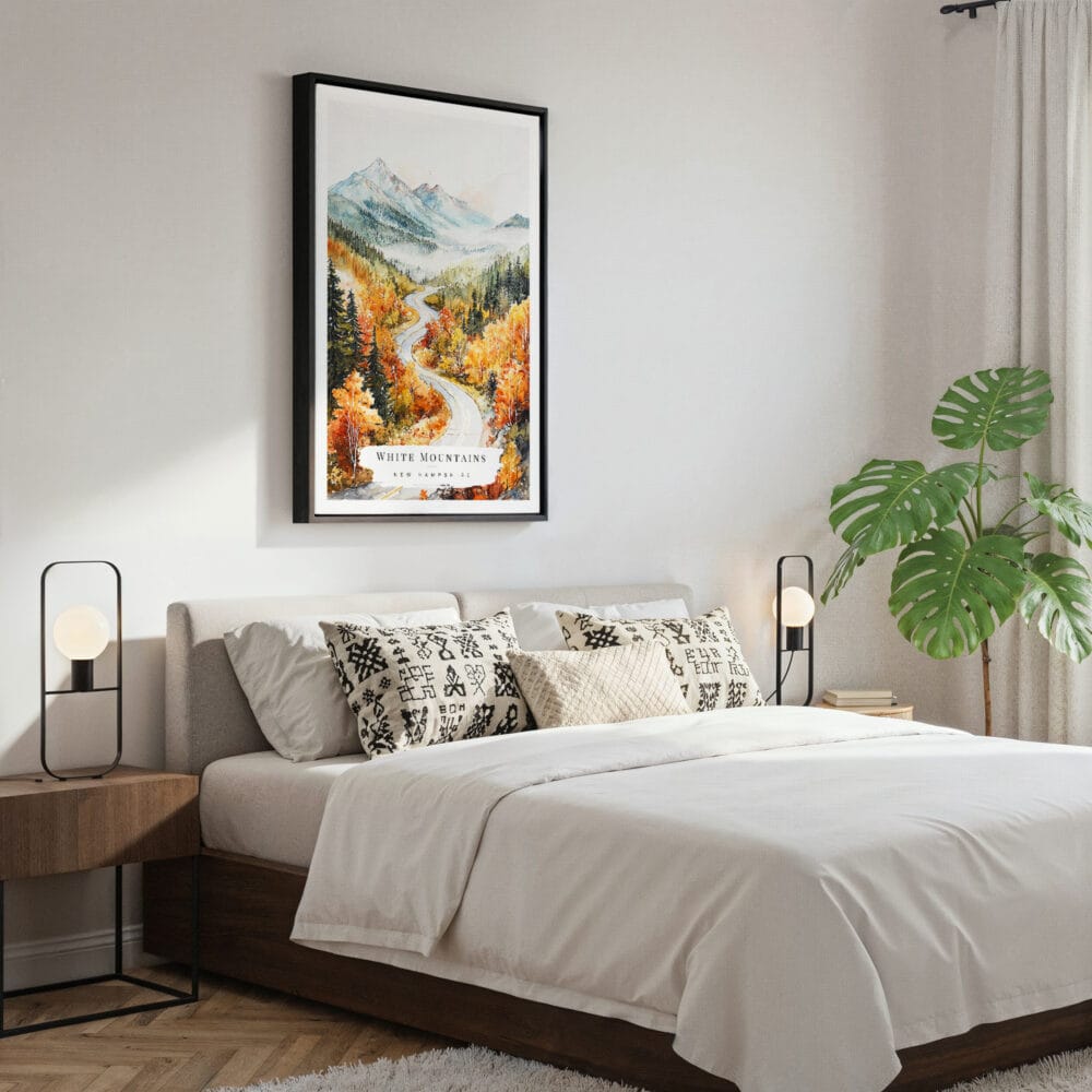 03 - Framed White Mountains New Hampshire Watercolor Canvas Print - Bedroom.jpg 03 - Framed White Mountains New Hampshire Watercolor Canvas Print - Bedroom.jpg