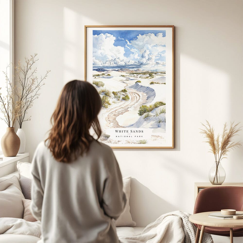03 - Framed White Sands National Park Watercolor Wall Art - In Living Room with Woman Looking at it - Portrait.jpg 03 - Framed White Sands National Park Watercolor Wall Art - In Living Room with Woman Looking at it - Portrait.jpg