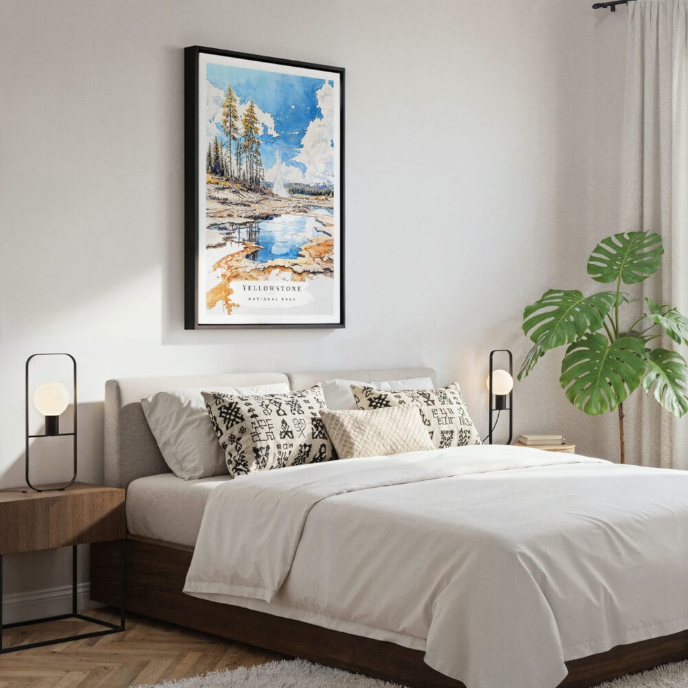 03 - Framed Yellowstone National Park Watercolor Canvas Print - Bedroom.jpg 03 - Framed Yellowstone National Park Watercolor Canvas Print - Bedroom.jpg