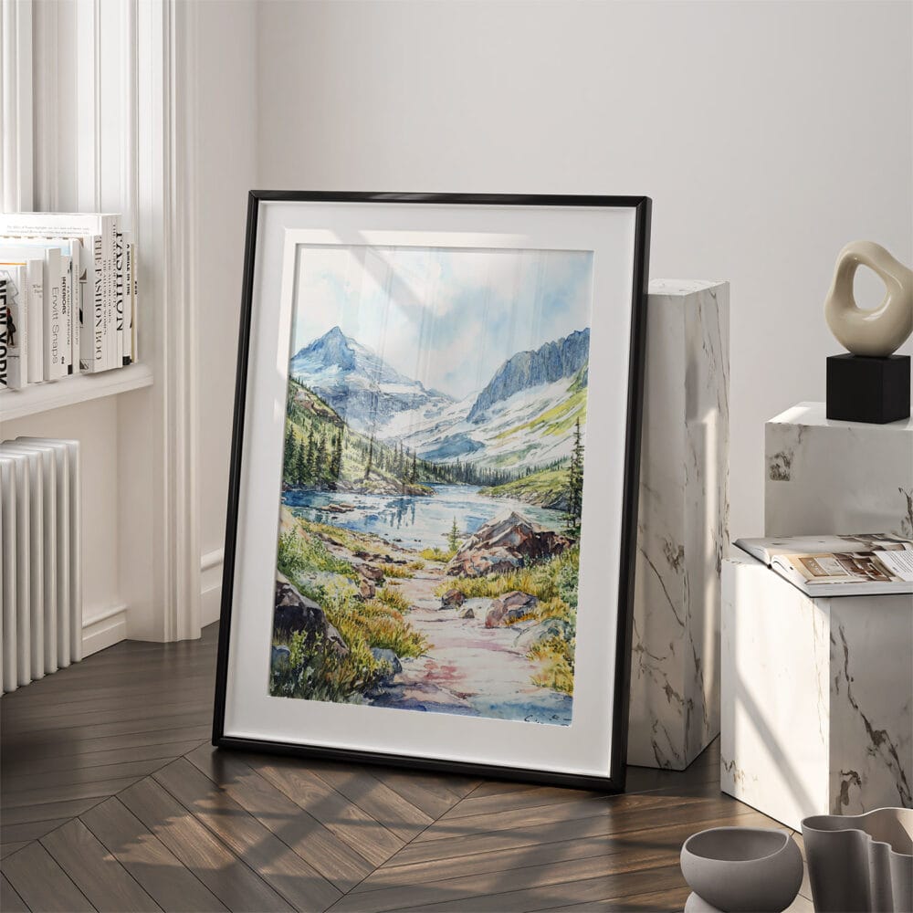 03 - Glacier National Park Watercolor Art - Digital Downloads - Frame Standing on floor.jpg 03 - Glacier National Park Watercolor Art - Digital Downloads - Frame Standing on floor.jpg