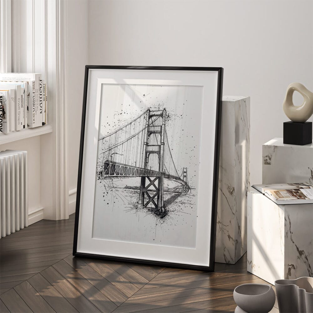 03 - Golden Gate Bridge Pencil Drawing Art - Digital Downloads - Frame Standing on floor.jpg 03 - Golden Gate Bridge Pencil Drawing Art - Digital Downloads - Frame Standing on floor.jpg
