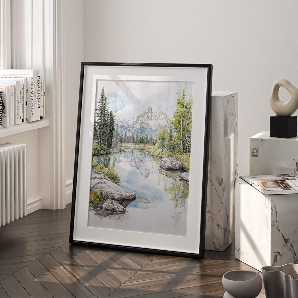 03 - Grand Teton National Park Watercolor Art - Digital Downloads - Frame Standing on floor.jpg 03 - Grand Teton National Park Watercolor Art - Digital Downloads - Frame Standing on floor.jpg