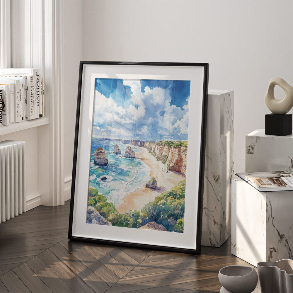 03 - Great Ocean Road Australia Watercolor Art - Digital Downloads - Frame Standing on floor.jpg 03 - Great Ocean Road Australia Watercolor Art - Digital Downloads - Frame Standing on floor.jpg