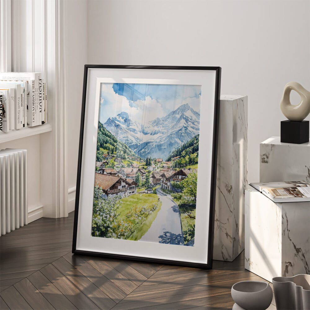03 - Grindelwald Switzerland Watercolor Art - Digital Downloads - Frame Standing on floor.jpg 03 - Grindelwald Switzerland Watercolor Art - Digital Downloads - Frame Standing on floor.jpg