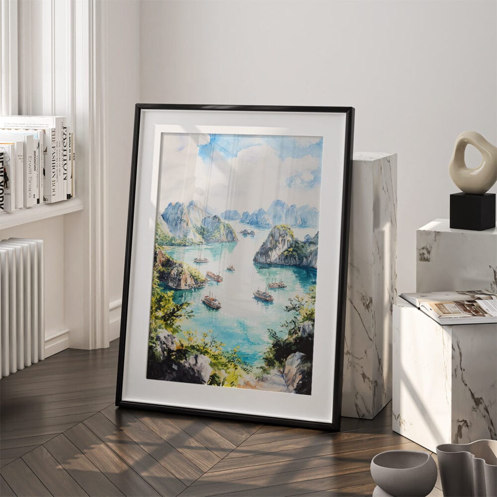 03 - Ha Long Bay Vietnam Watercolor Art - Digital Downloads - Frame Standing on floor.jpg 03 - Ha Long Bay Vietnam Watercolor Art - Digital Downloads - Frame Standing on floor.jpg
