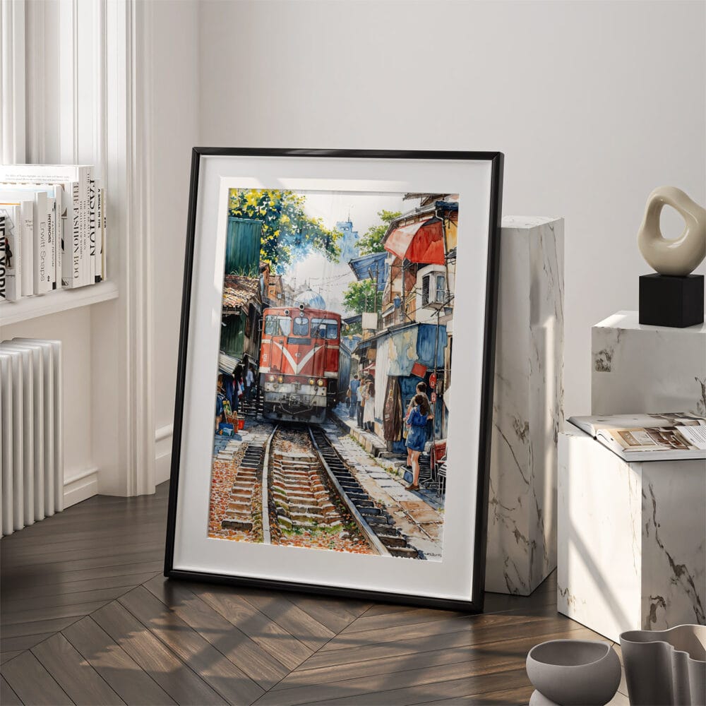 03 - Hanoi Train Street Vietnam Watercolor Art - Digital Downloads - Frame Standing on floor.jpg 03 - Hanoi Train Street Vietnam Watercolor Art - Digital Downloads - Frame Standing on floor.jpg