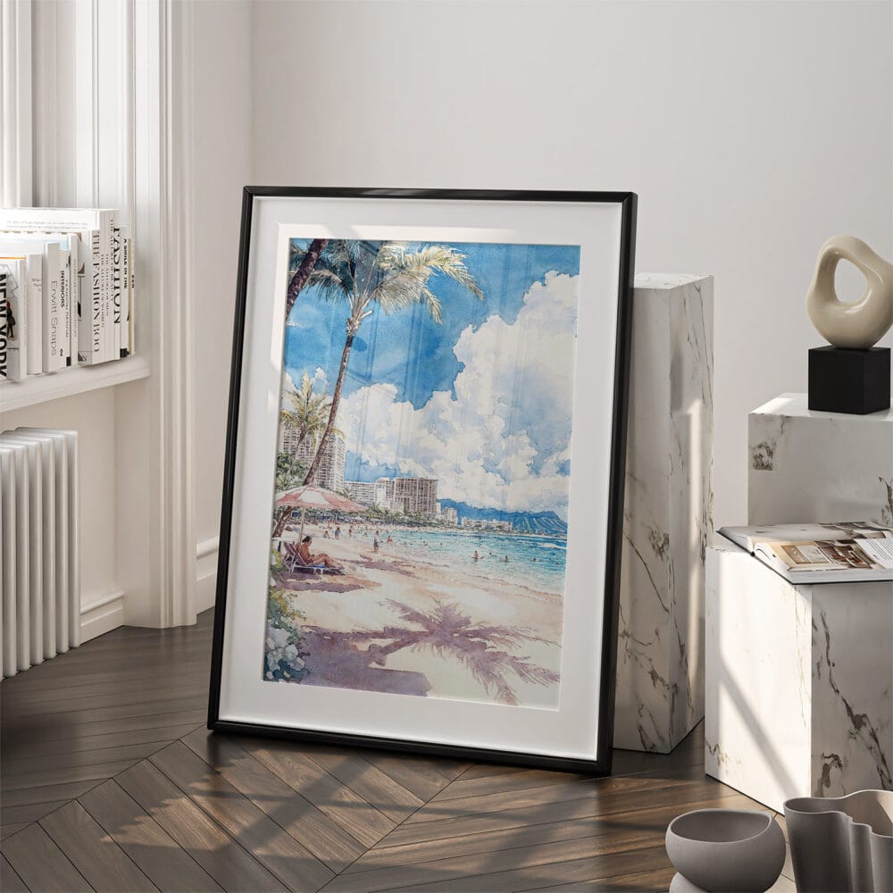 03 - Hawaii Honolulu Waikiki Watercolor Art - Digital Downloads - Frame Standing on floor.jpg 03 - Hawaii Honolulu Waikiki Watercolor Art - Digital Downloads - Frame Standing on floor.jpg