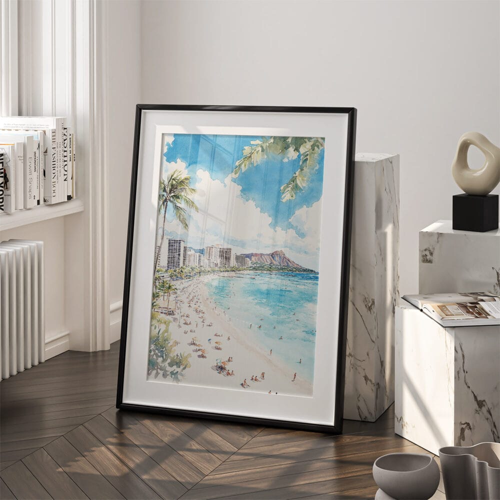 03 - Hawaii - Honolulu Watercolor Art - Digital Downloads - Frame Standing on floor.jpg 03 - Hawaii - Honolulu Watercolor Art - Digital Downloads - Frame Standing on floor.jpg