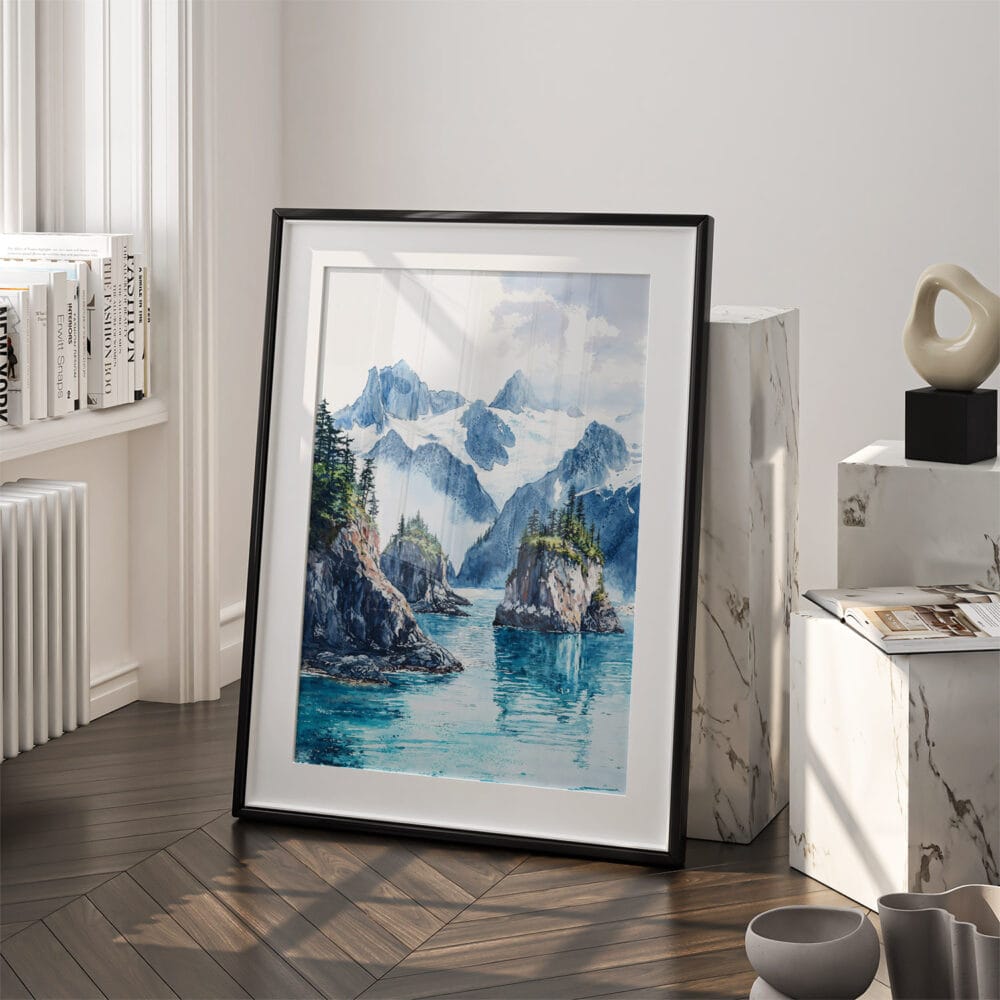 03 - Kenai Fjords National Park Watercolor Art - Digital Downloads - Frame Standing on floor.jpg 03 - Kenai Fjords National Park Watercolor Art - Digital Downloads - Frame Standing on floor.jpg