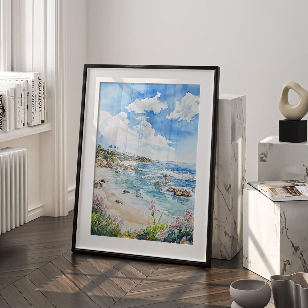 03 - Laguna Beach Coast Watercolor Art - Digital Downloads - Frame Standing on floor.jpg 03 - Laguna Beach Coast Watercolor Art - Digital Downloads - Frame Standing on floor.jpg