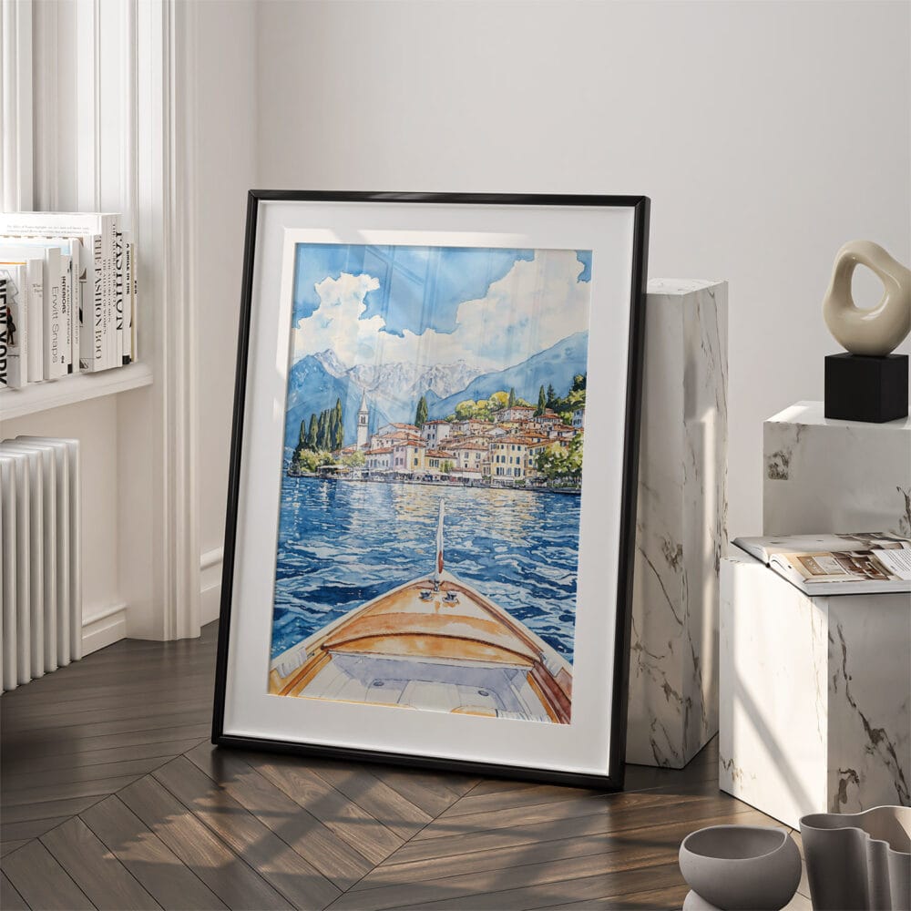03 - Lake Como Boat View Watercolor Art - Digital Downloads - Frame Standing on floor.jpg 03 - Lake Como Boat View Watercolor Art - Digital Downloads - Frame Standing on floor.jpg