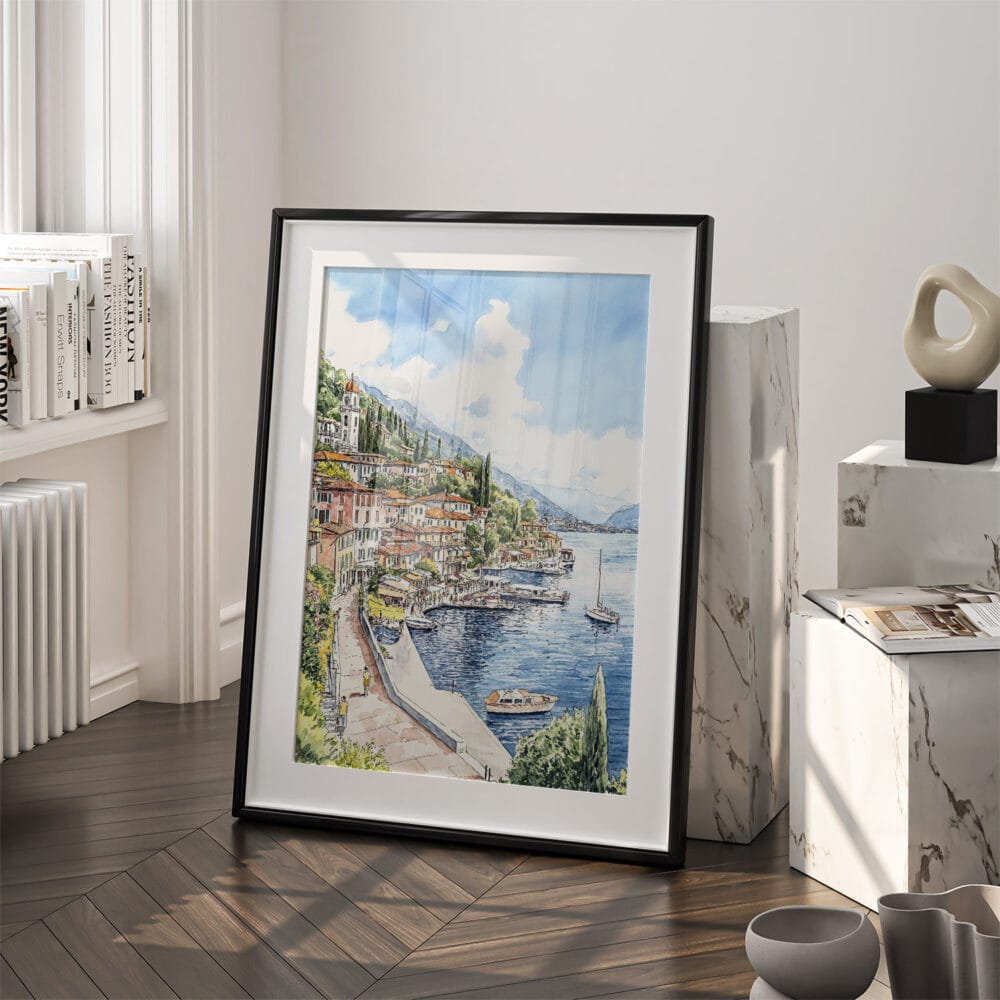 03 - Lake Como Watercolor Art - Digital Downloads - Frame Standing on floor.jpg 03 - Lake Como Watercolor Art - Digital Downloads - Frame Standing on floor.jpg