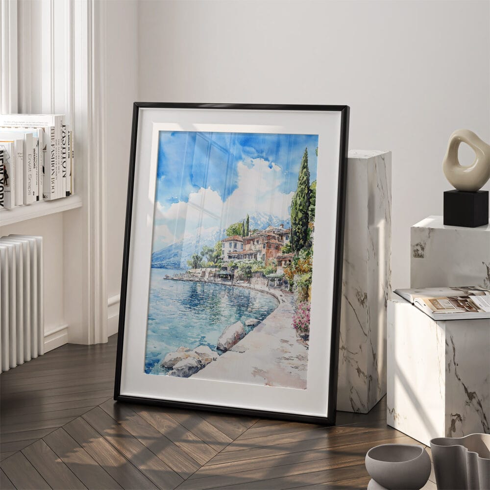 03 - Lake Garda Italy Watercolor Art - Digital Downloads - Frame Standing on floor.jpg 03 - Lake Garda Italy Watercolor Art - Digital Downloads - Frame Standing on floor.jpg
