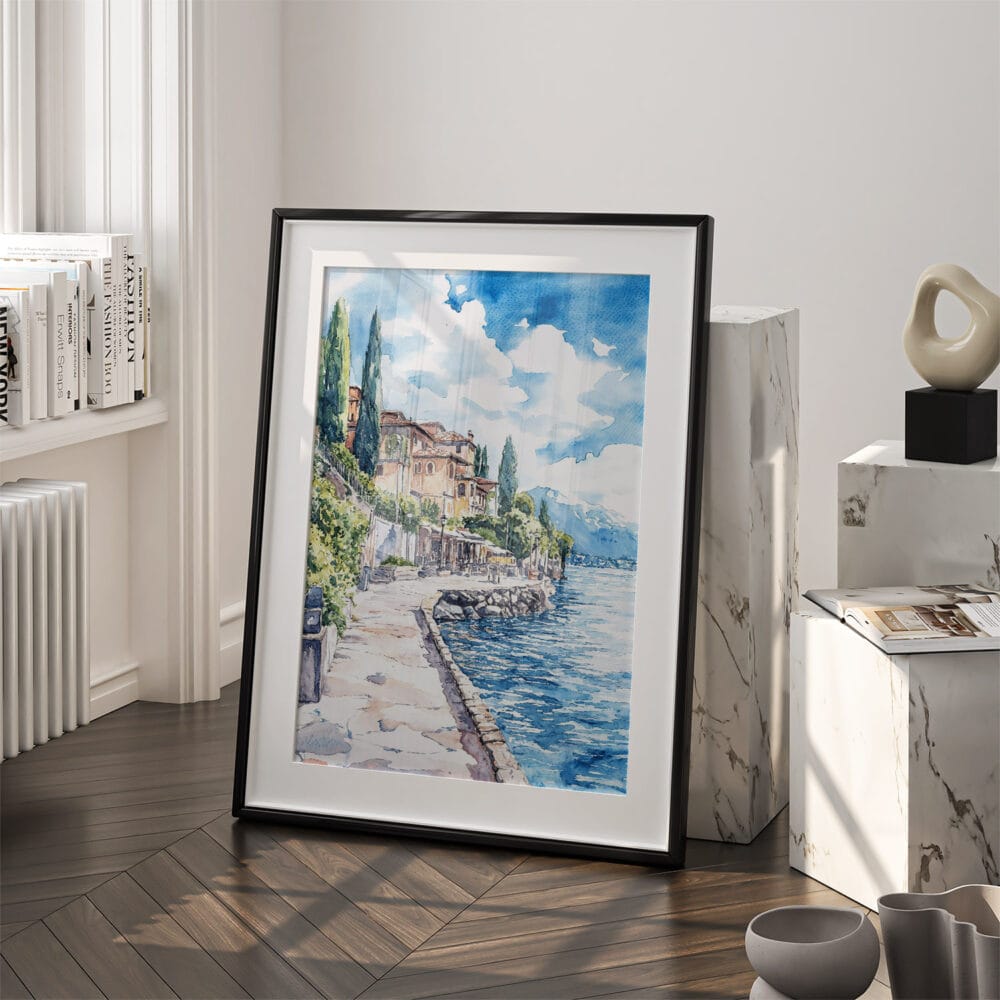 03 - Lake Garda Watercolor Art - Digital Downloads - Frame Standing on floor.jpg 03 - Lake Garda Watercolor Art - Digital Downloads - Frame Standing on floor.jpg