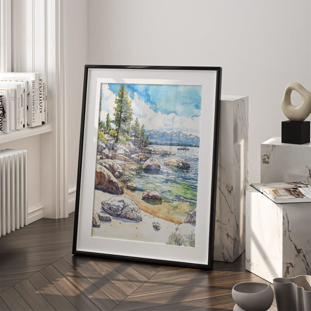 03 - Lake Tahoe Watercolor Art - Digital Downloads - Frame Standing on floor.jpg 03 - Lake Tahoe Watercolor Art - Digital Downloads - Frame Standing on floor.jpg