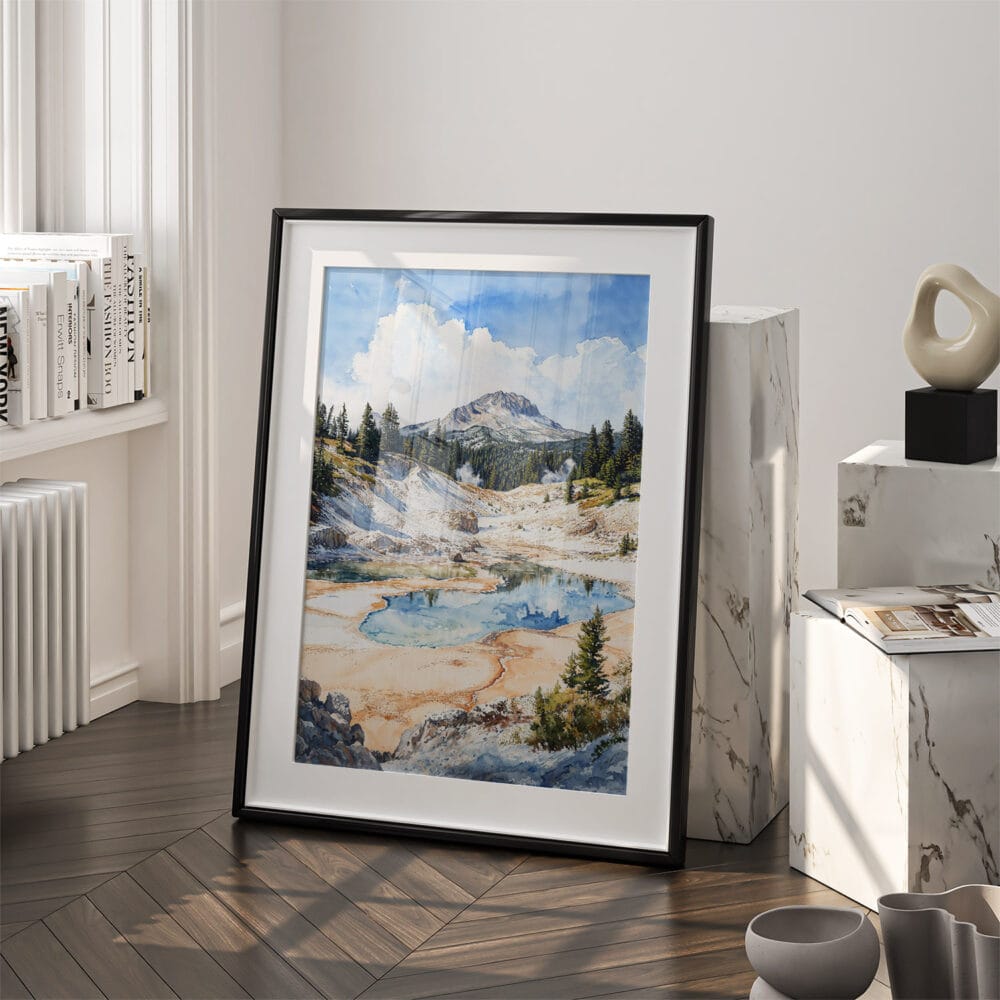 03 - Lassen Volcanic National Park Watercolor Art - Digital Downloads - Frame Standing on floor.jpg 03 - Lassen Volcanic National Park Watercolor Art - Digital Downloads - Frame Standing on floor.jpg