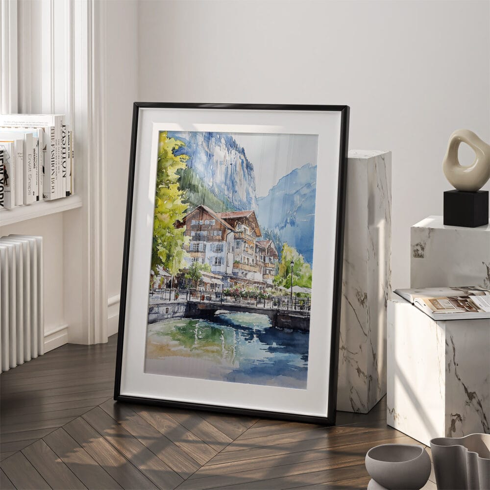 03 - Lauterbrunnen Switzerland Watercolor Art - Digital Downloads - Frame Standing on floor.jpg 03 - Lauterbrunnen Switzerland Watercolor Art - Digital Downloads - Frame Standing on floor.jpg