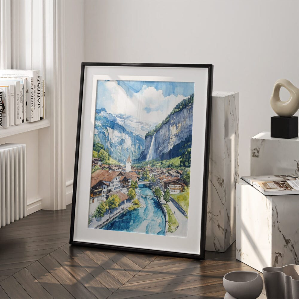 03 - Lauterbrunnen Watercolor Art - Digital Downloads - Frame Standing on floor.jpg 03 - Lauterbrunnen Watercolor Art - Digital Downloads - Frame Standing on floor.jpg