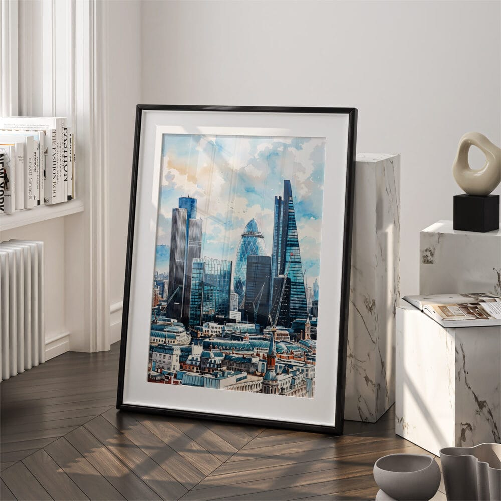 03 - London Business Skyline Watercolor Art - Digital Downloads - Frame Standing on floor.jpg 03 - London Business Skyline Watercolor Art - Digital Downloads - Frame Standing on floor.jpg