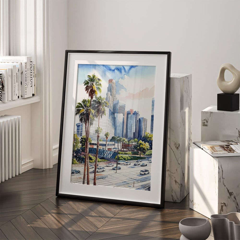 03 - Los Angeles Downtown Watercolor Art - Digital Downloads - Frame Standing on floor.jpg 03 - Los Angeles Downtown Watercolor Art - Digital Downloads - Frame Standing on floor.jpg
