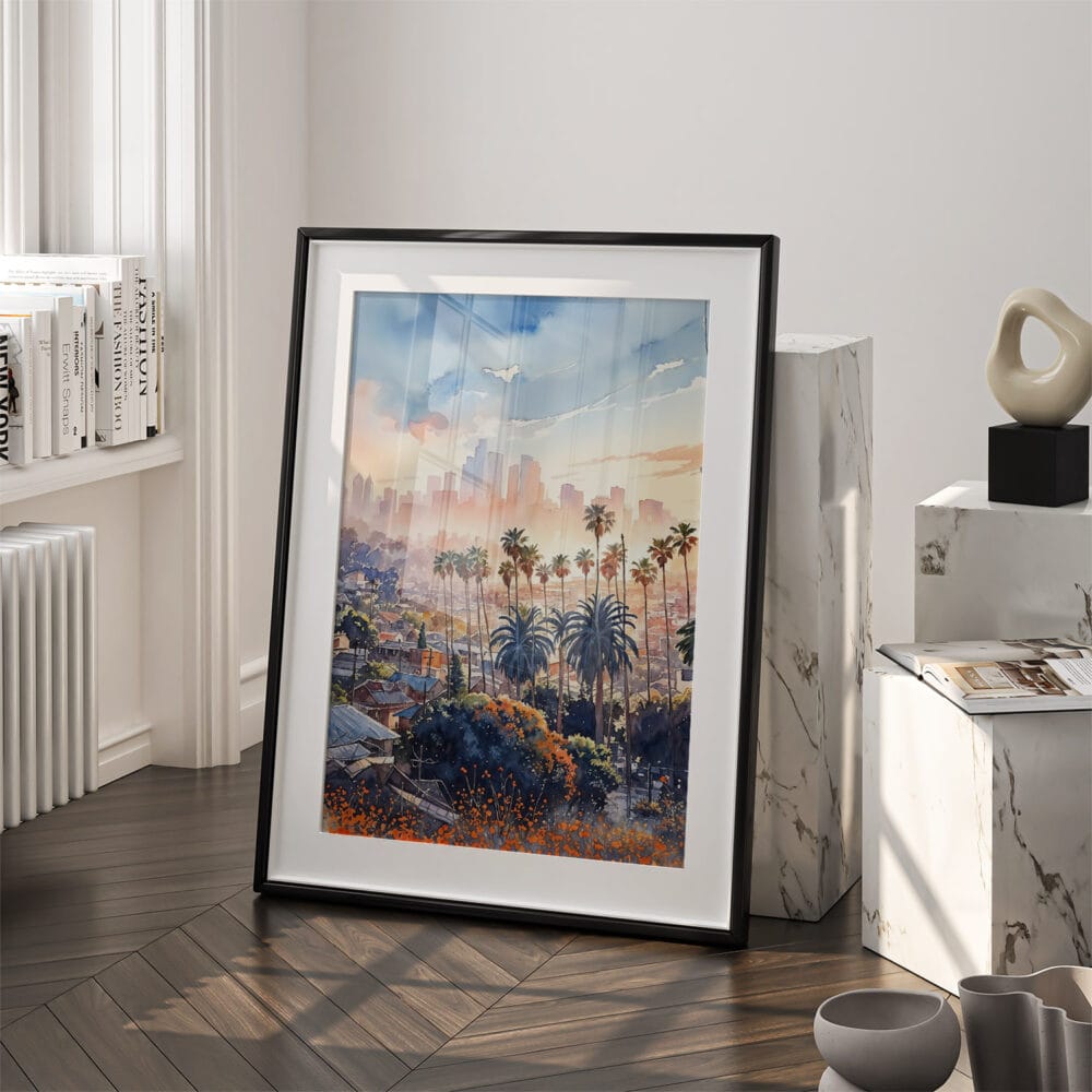 03 - Los Angeles Skyline Watercolor Art - Digital Downloads - Frame Standing on floor.jpg 03 - Los Angeles Skyline Watercolor Art - Digital Downloads - Frame Standing on floor.jpg