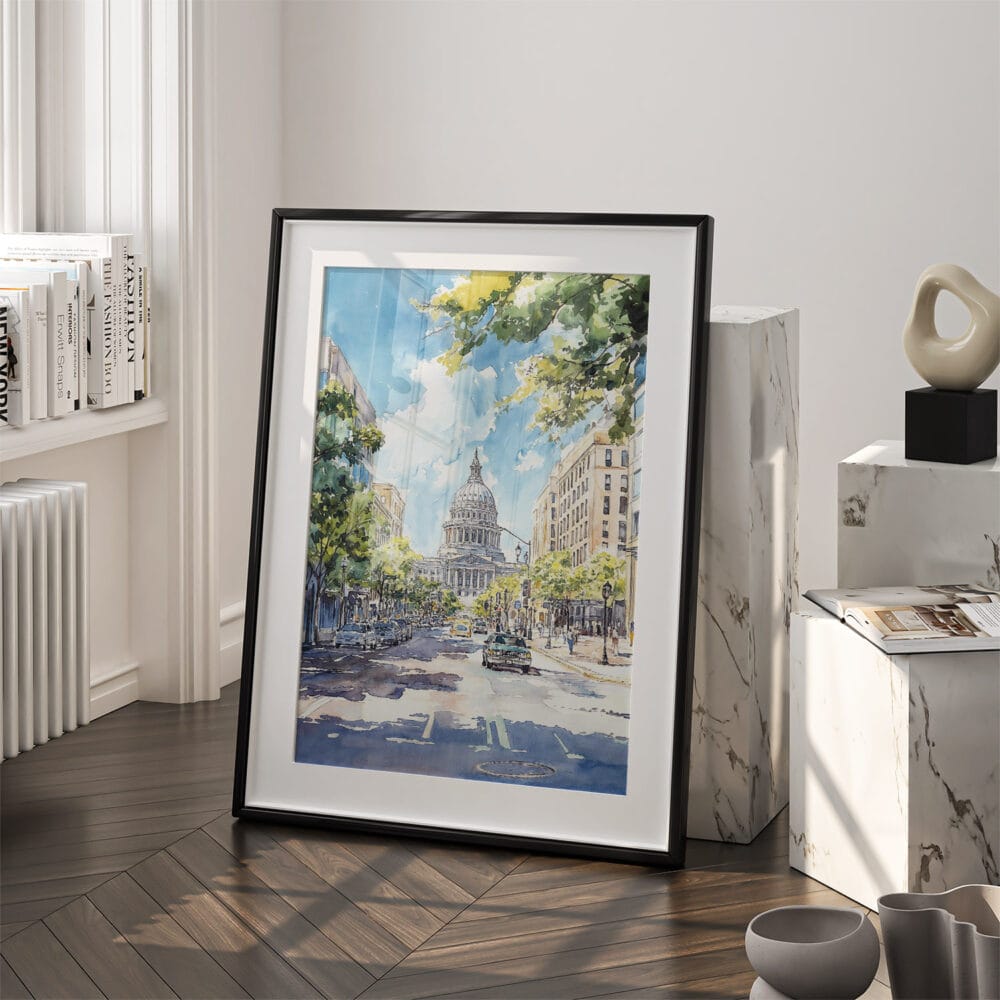 03 - Madison Wisconsin State Capitol Building Watercolor Art - Digital Downloads - Frame Standing on floor.jpg 03 - Madison Wisconsin State Capitol Building Watercolor Art - Digital Downloads - Frame Standing on floor.jpg