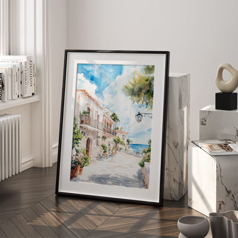 03 - Mallorca Spain Watercolor Art - Digital Downloads - Frame Standing on floor.jpg 03 - Mallorca Spain Watercolor Art - Digital Downloads - Frame Standing on floor.jpg