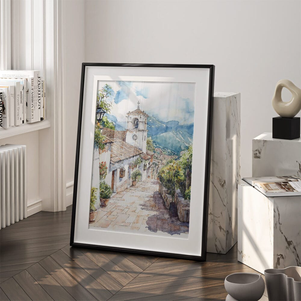03 - Medellin Old Town Watercolor Art - Digital Downloads - Frame Standing on floor.jpg 03 - Medellin Old Town Watercolor Art - Digital Downloads - Frame Standing on floor.jpg