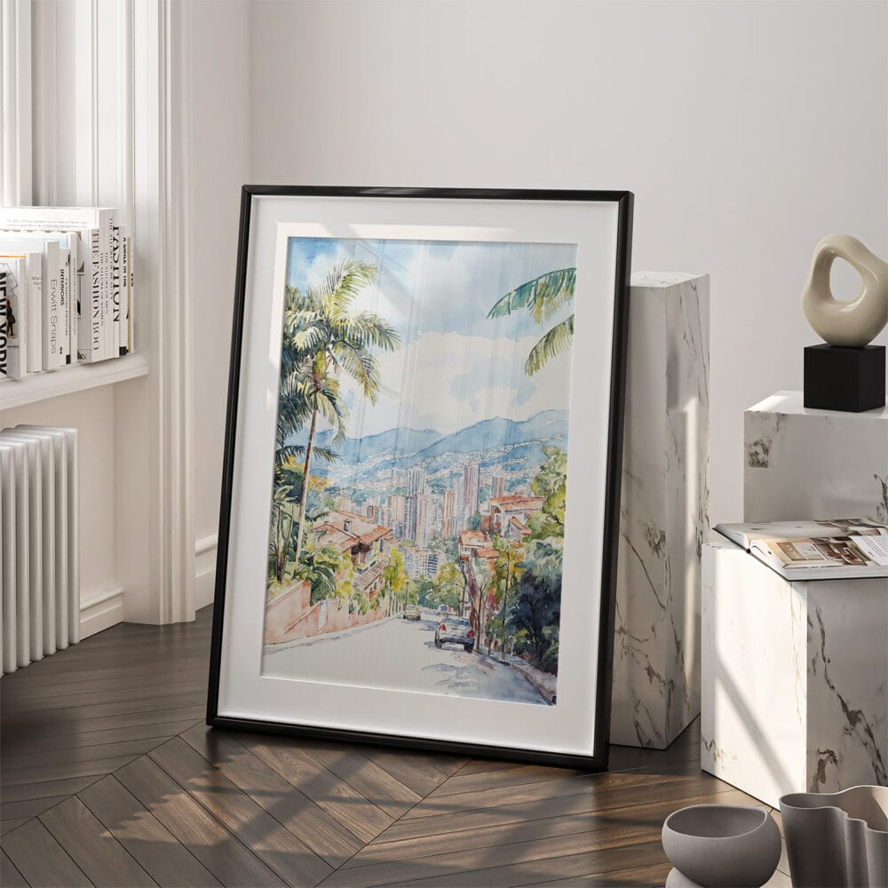 03 - Medellin Skyline watercolor Art - Digital Downloads - Frame Standing on floor.jpg 03 - Medellin Skyline watercolor Art - Digital Downloads - Frame Standing on floor.jpg