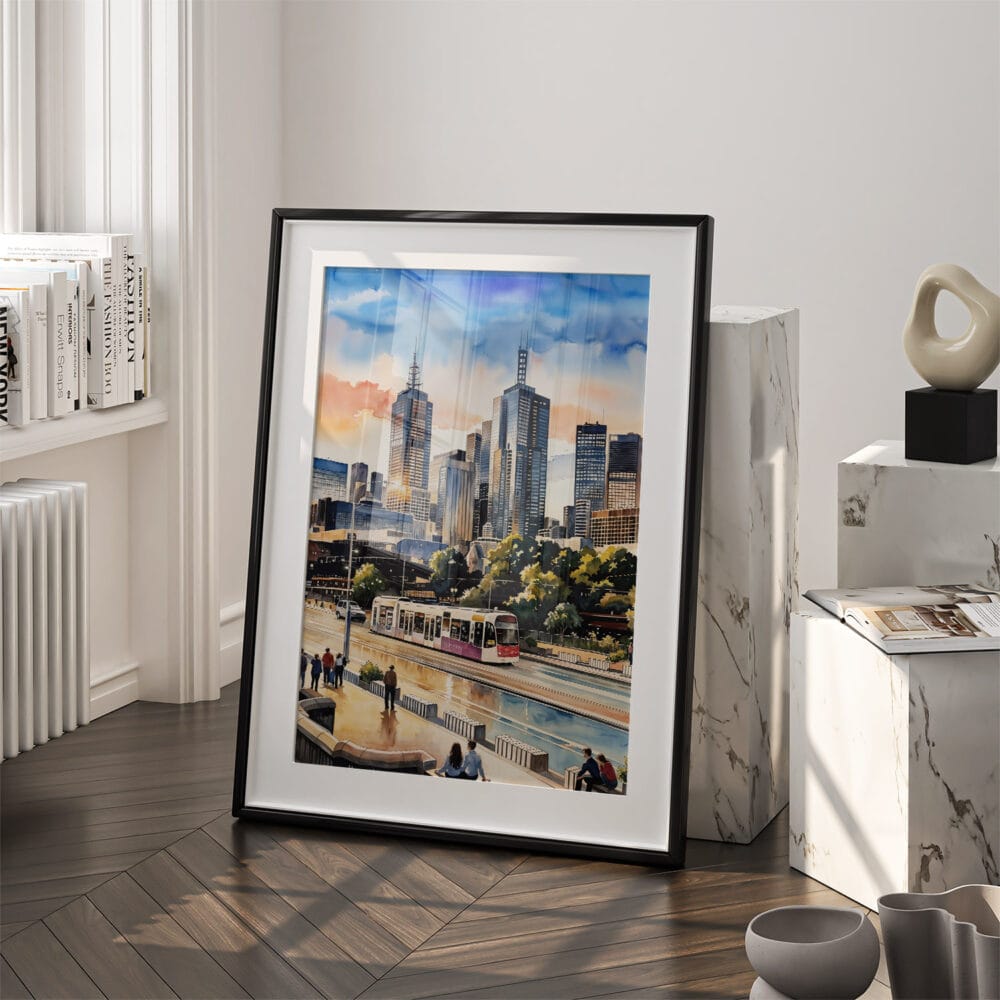 03 - Melbourne Skyline Watercolor Art - Digital Downloads - Frame Standing on floor.jpg 03 - Melbourne Skyline Watercolor Art - Digital Downloads - Frame Standing on floor.jpg