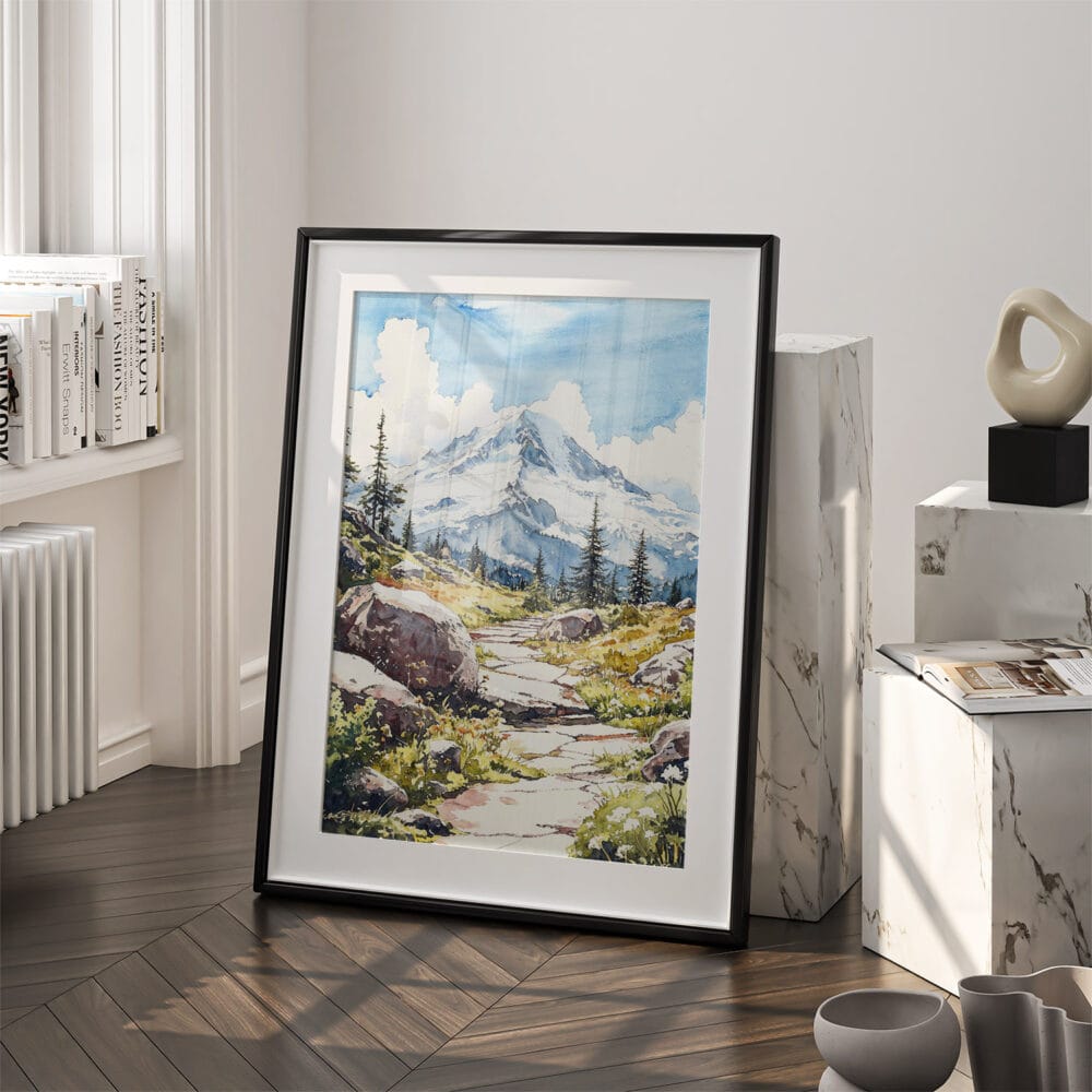 03 - Mount Rainier National Park Watercolor Art - Digital Downloads - Frame Standing on floor.jpg 03 - Mount Rainier National Park Watercolor Art - Digital Downloads - Frame Standing on floor.jpg