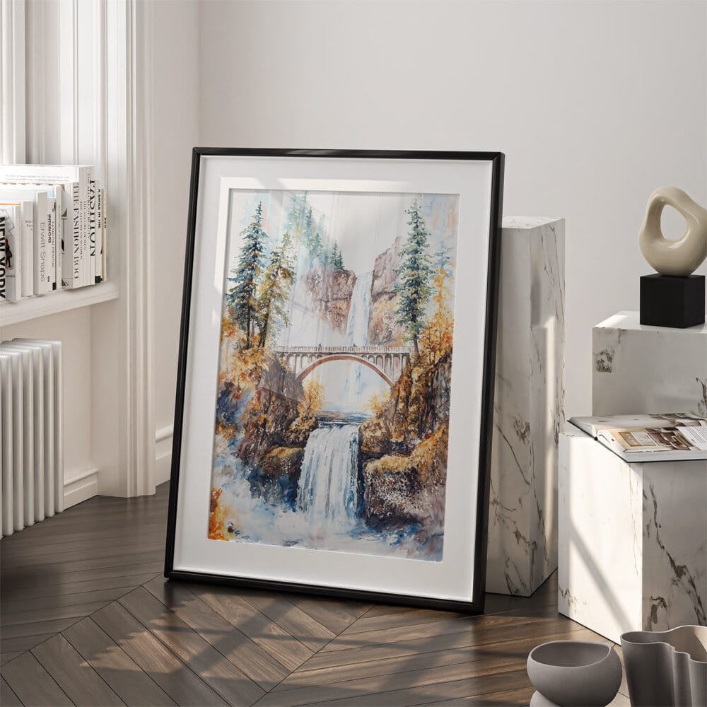 03 - Multnomah Falls Watercolor Art - Digital Downloads - Frame Standing on floor.jpg 03 - Multnomah Falls Watercolor Art - Digital Downloads - Frame Standing on floor.jpg