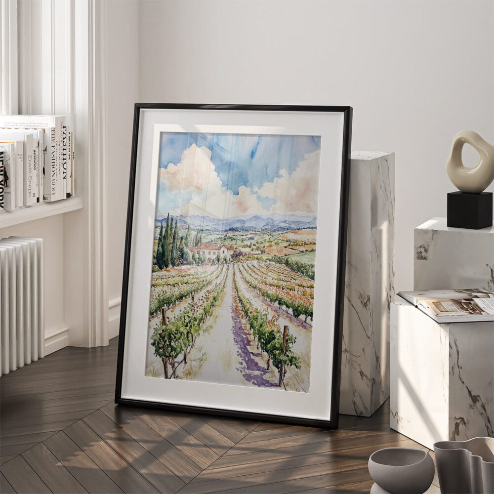 03 - Napa Valley Vineyard Watercolor Art - Digital Downloads - Frame Standing on floor.jpg 03 - Napa Valley Vineyard Watercolor Art - Digital Downloads - Frame Standing on floor.jpg