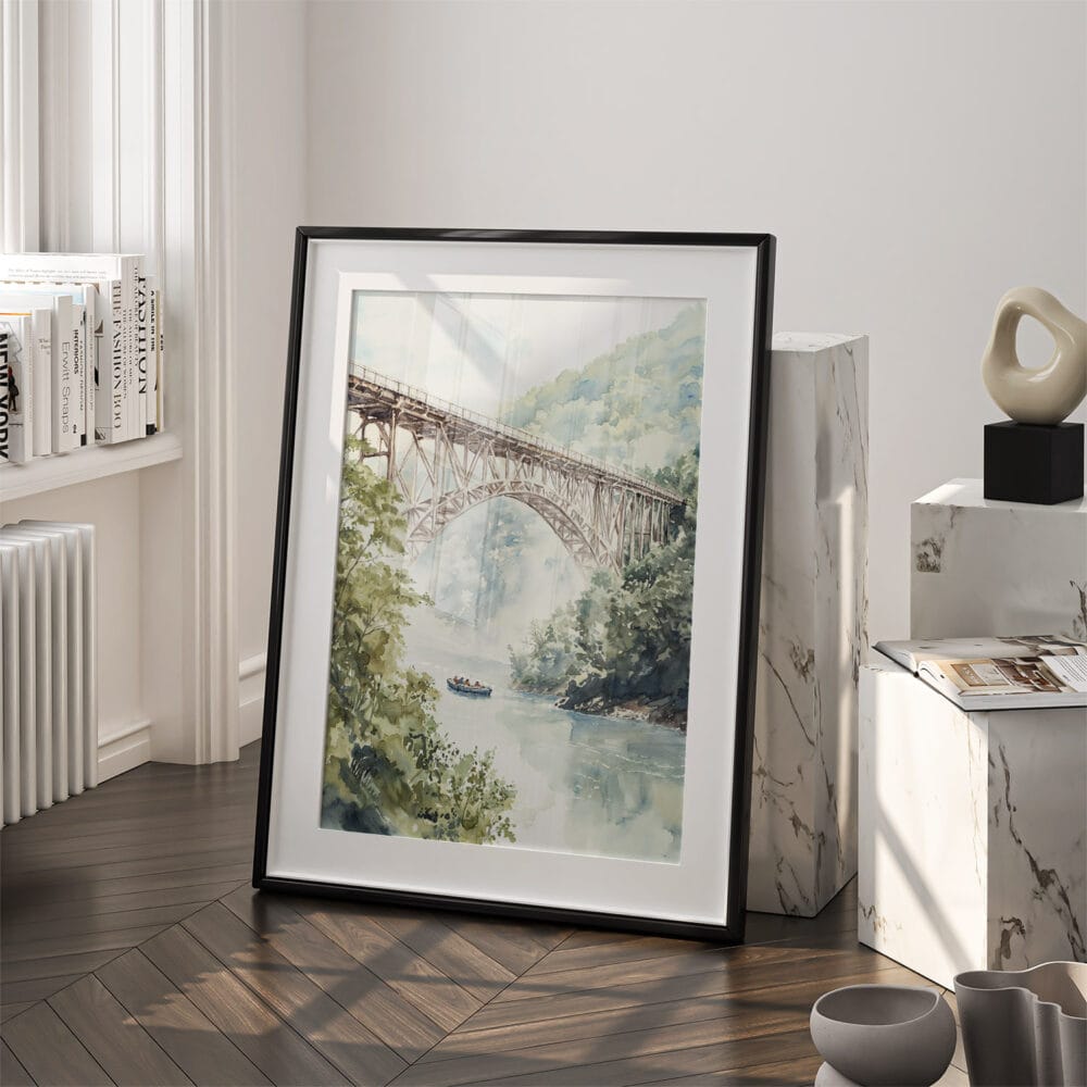 03 - New river gorge Bridge Watercolor Art - Digital Downloads - Frame Standing on floor.jpg 03 - New river gorge Bridge Watercolor Art - Digital Downloads - Frame Standing on floor.jpg