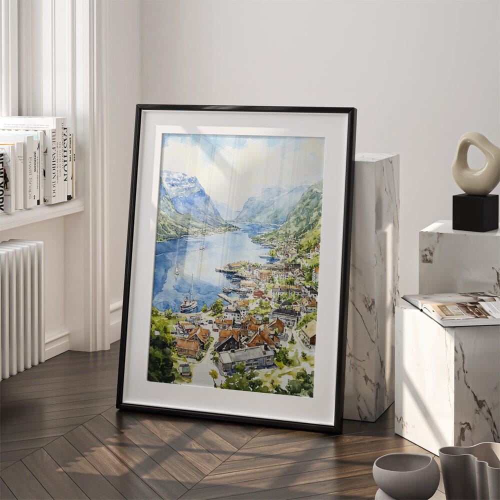 03 - Norwegian Fjords Watercolor Art - Digital Downloads - Frame Standing on floor.jpg 03 - Norwegian Fjords Watercolor Art - Digital Downloads - Frame Standing on floor.jpg