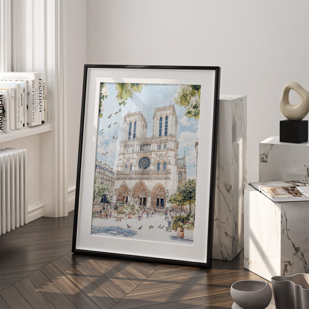 03 - Notre Dame Watercolor Art - Digital Downloads - Frame Standing on floor.jpg 03 - Notre Dame Watercolor Art - Digital Downloads - Frame Standing on floor.jpg