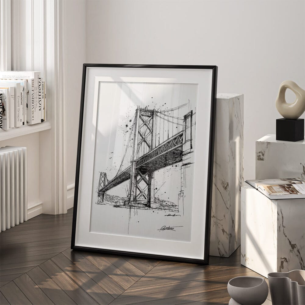 03 - Oakland Bridge Pencil Drawing Art - Digital Downloads - Frame Standing on floor.jpg 03 - Oakland Bridge Pencil Drawing Art - Digital Downloads - Frame Standing on floor.jpg
