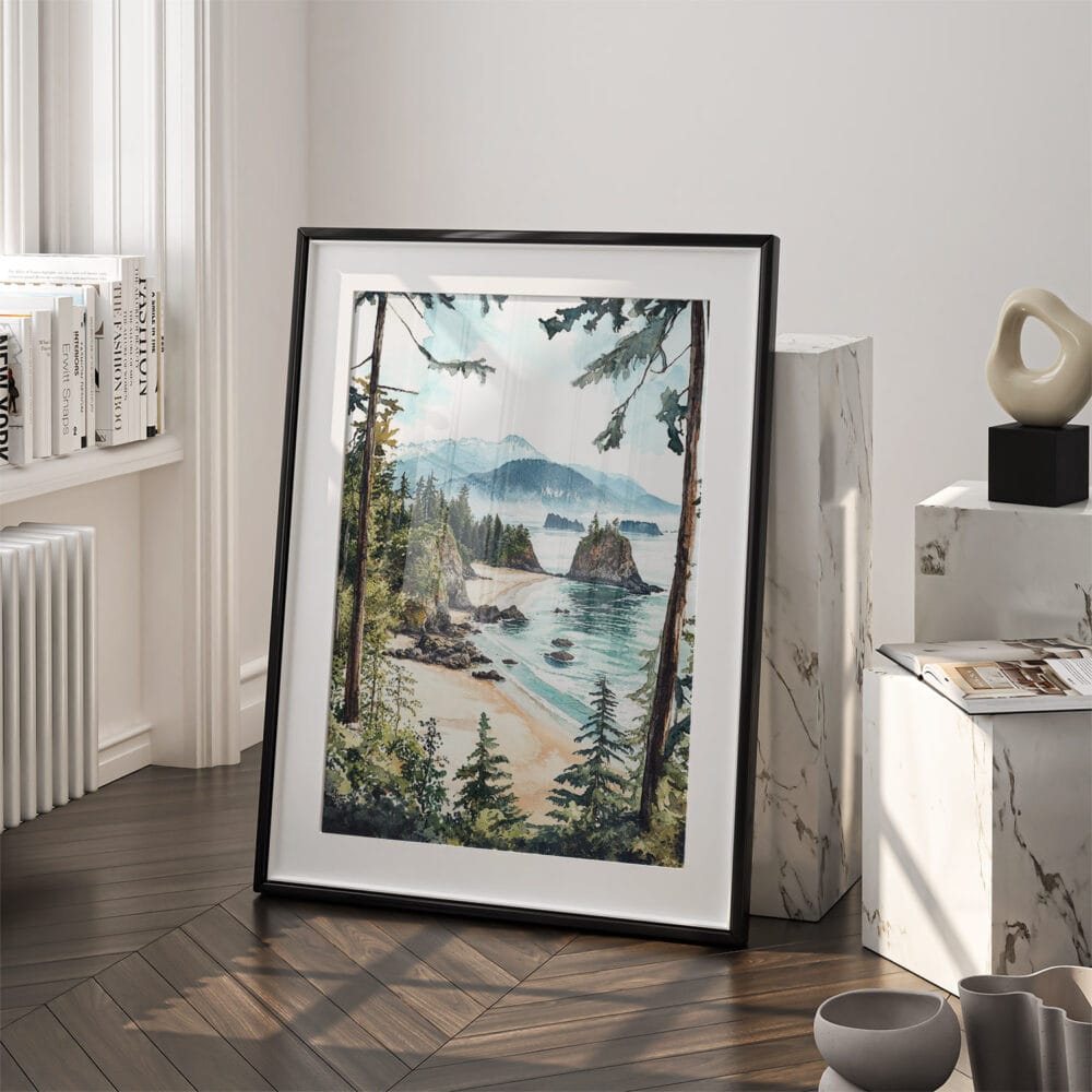 03 - Olympic National Park Watercolor Art - Digital Downloads - Frame Standing on floor.jpg 03 - Olympic National Park Watercolor Art - Digital Downloads - Frame Standing on floor.jpg