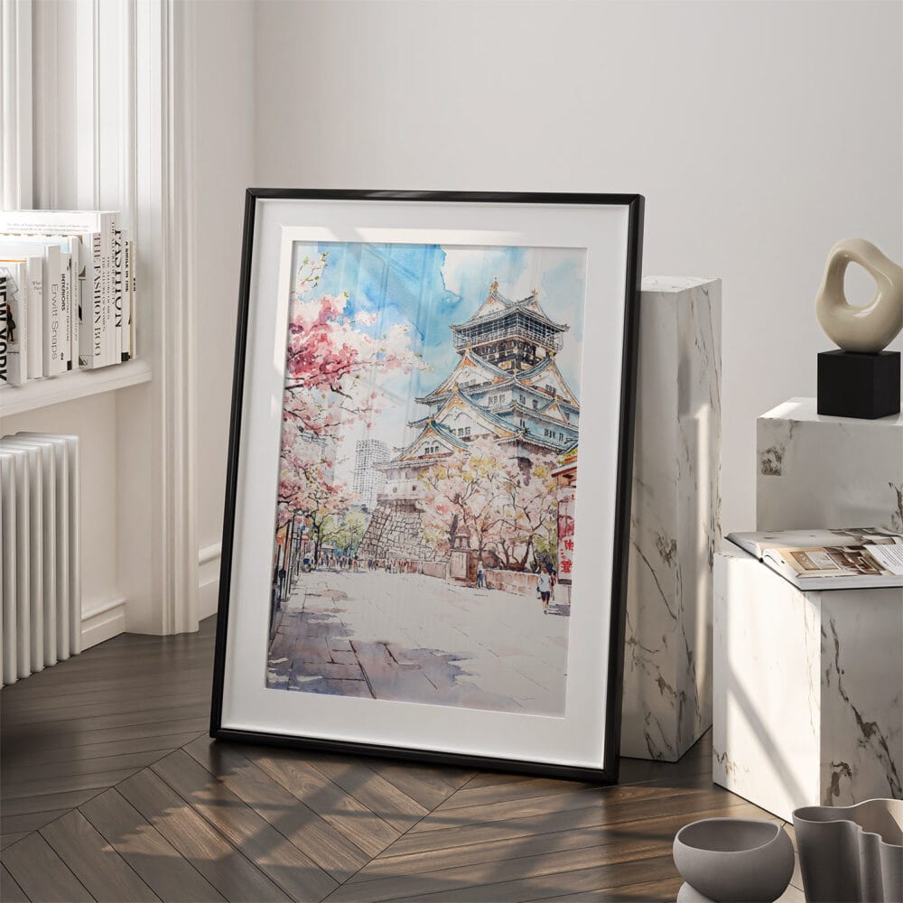 03 - Osaka Castle Japan Watercolor Art - Digital Downloads - Frame Standing on floor.jpg 03 - Osaka Castle Japan Watercolor Art - Digital Downloads - Frame Standing on floor.jpg