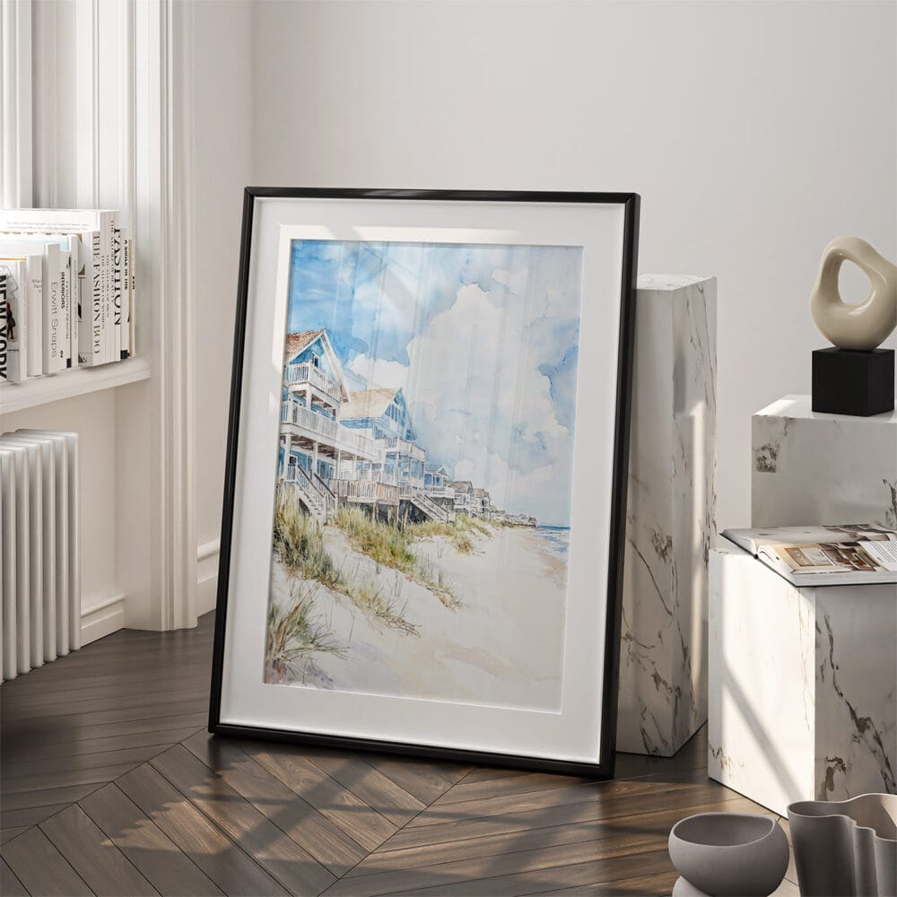 03 - Outer Banks Cottage Watercolor Art - Digital Downloads - Frame Standing on floor.jpg 03 - Outer Banks Cottage Watercolor Art - Digital Downloads - Frame Standing on floor.jpg