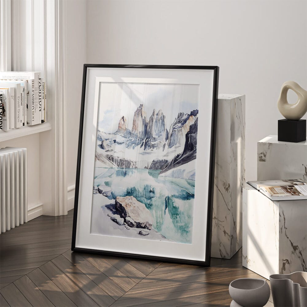 03 - Patagonia Torres Del Paine Watercolor Art - Digital Downloads - Frame Standing on floor.jpg 03 - Patagonia Torres Del Paine Watercolor Art - Digital Downloads - Frame Standing on floor.jpg