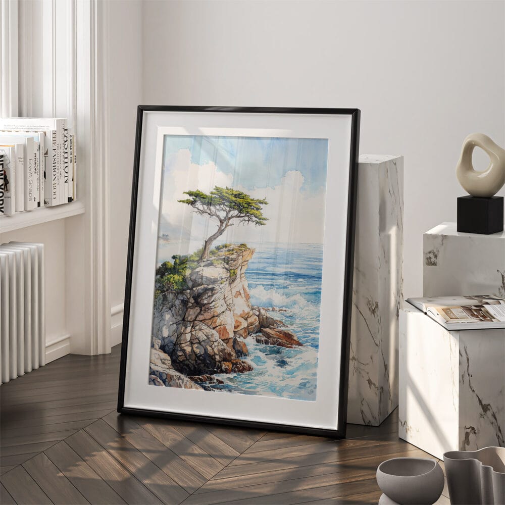 03 - Pebble Beach Cypress Watercolor Art - Digital Downloads - Frame Standing on floor.jpg 03 - Pebble Beach Cypress Watercolor Art - Digital Downloads - Frame Standing on floor.jpg