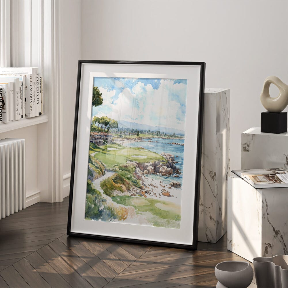 03 - Pebble Beach Golf Course Watercolor Art - Digital Downloads - Frame Standing on floor.jpg 03 - Pebble Beach Golf Course Watercolor Art - Digital Downloads - Frame Standing on floor.jpg