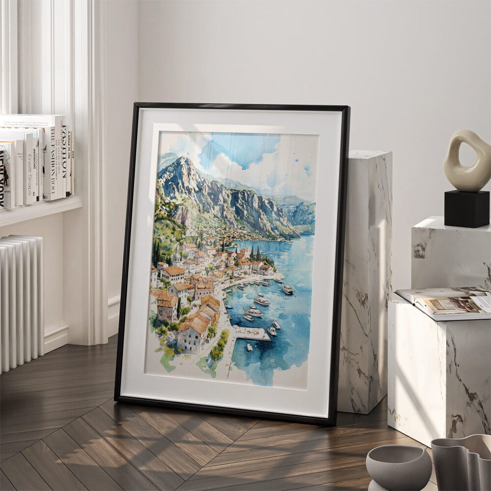 03 - Perast Montenegro Watercolor Art - Digital Downloads - Frame Standing on floor.jpg 03 - Perast Montenegro Watercolor Art - Digital Downloads - Frame Standing on floor.jpg